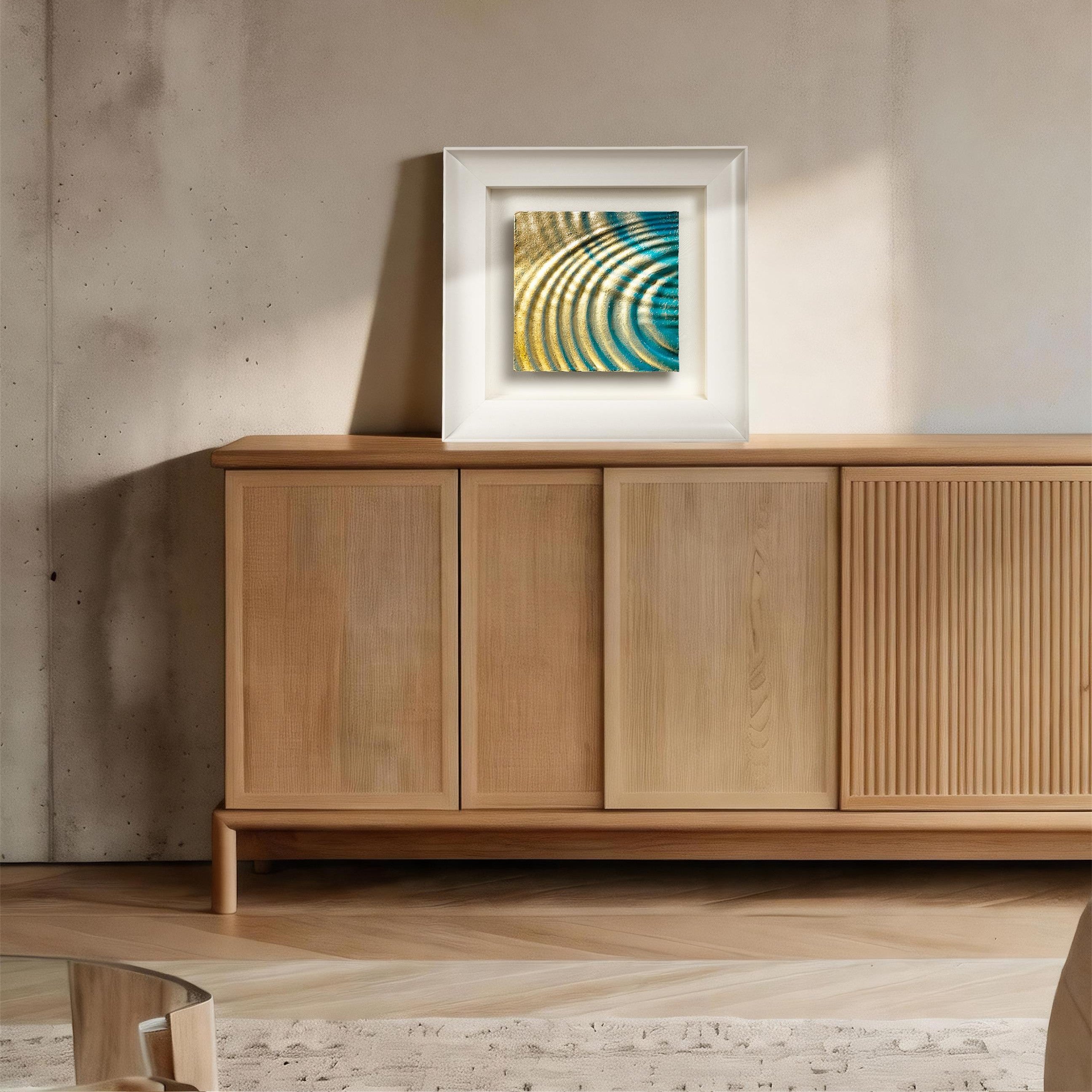 Resonance framed art styled in a luxury interior, evoking water-inspired calm and textured brushstroke depth.