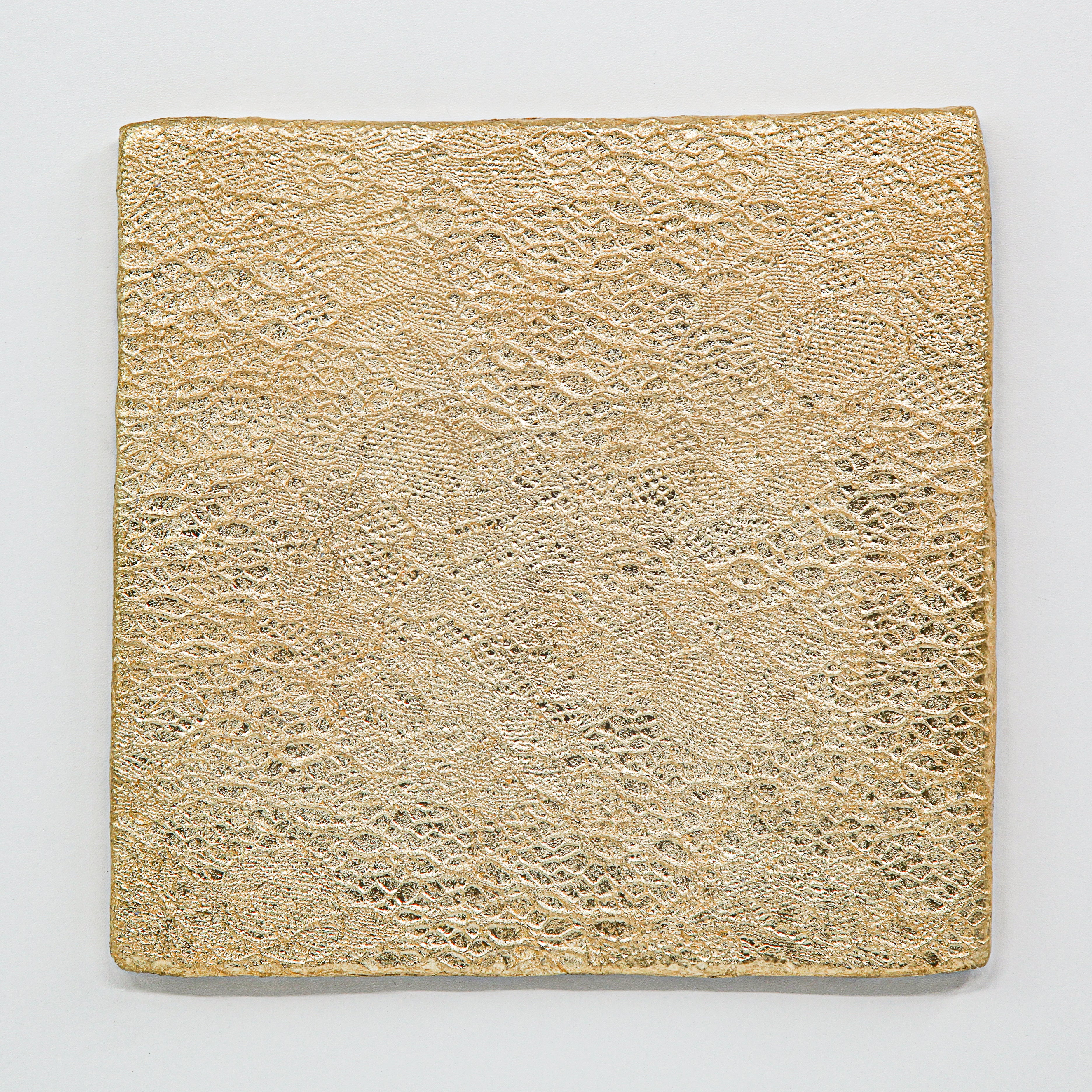 Unframed canvas of Tendril — Gilded Foil · Aura Frame, revealing the full wood element mineral surface where hand-pressed vine and leaf relief is laid with 1,700-year Eastern Jin gilding tradition foil, the gold settling into raised passages and along leaf ridges rather than covering the terrain.