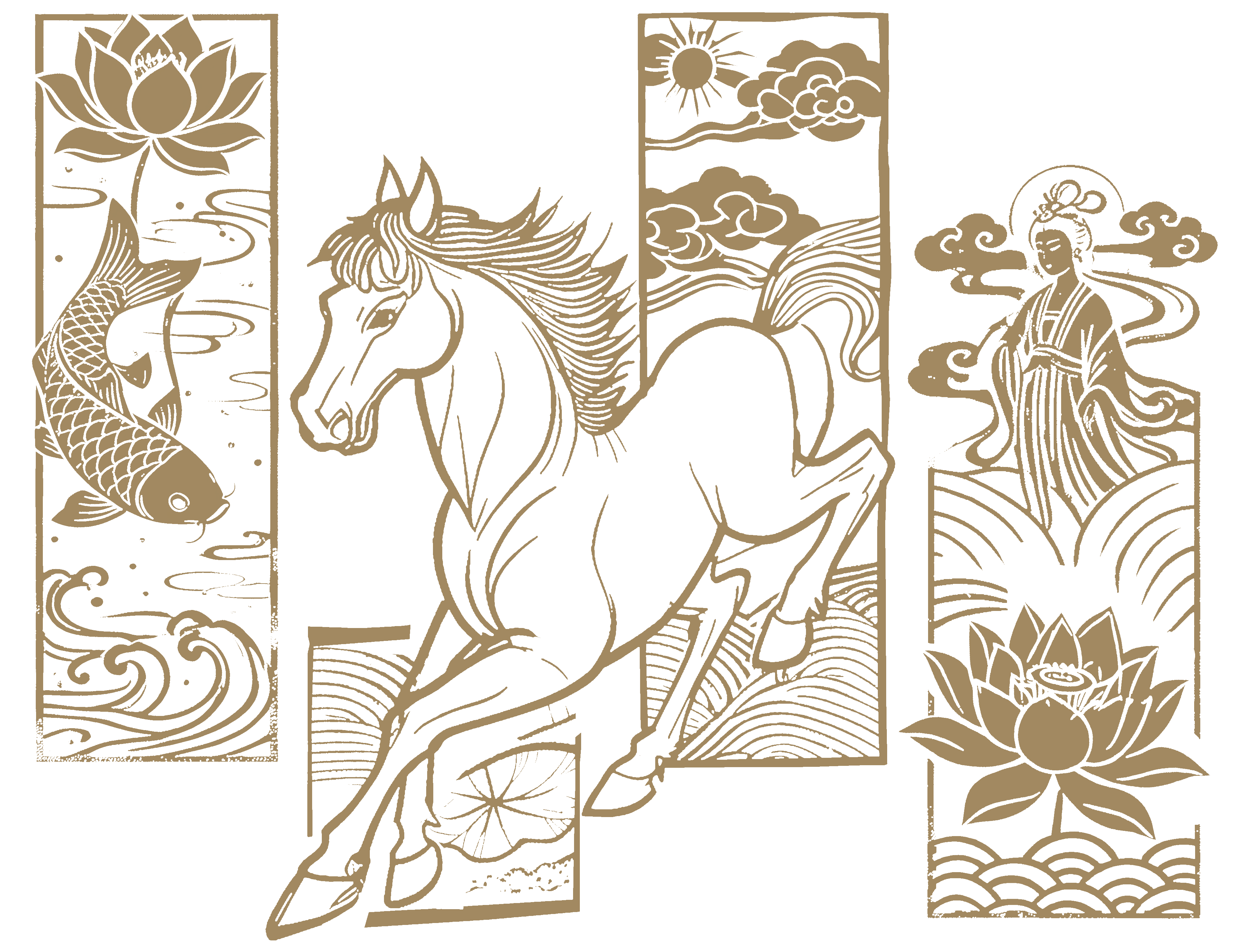 Traditional Eastern line art illustration featuring koi fish with lotus, a galloping horse, and Guanyin with lotus blooms — auspicious Feng Shui symbols in gold and white.