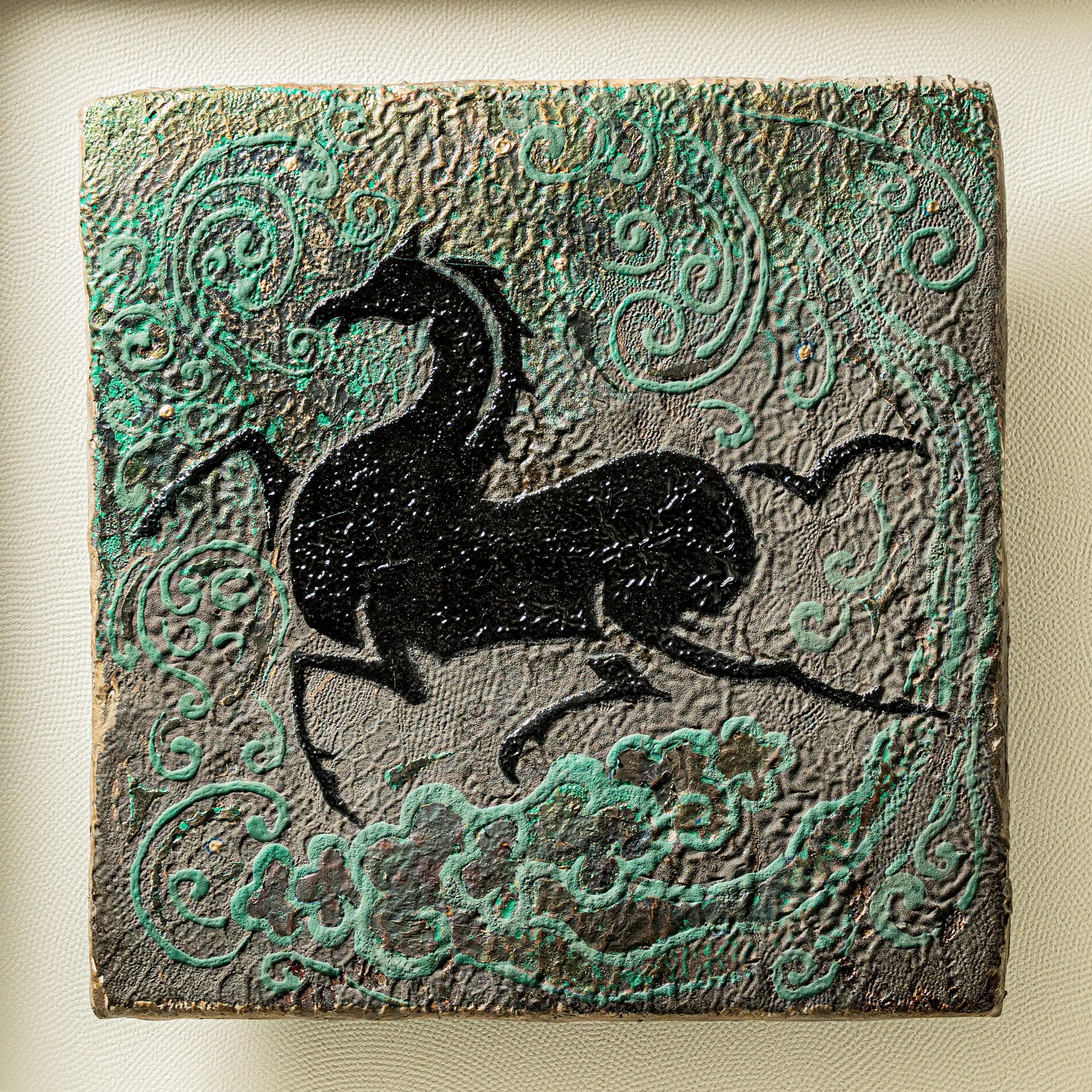 Close-up of Ascend art print canvas core revealing handcrafted patinated foil layers and organic wood and water element texture in relief.