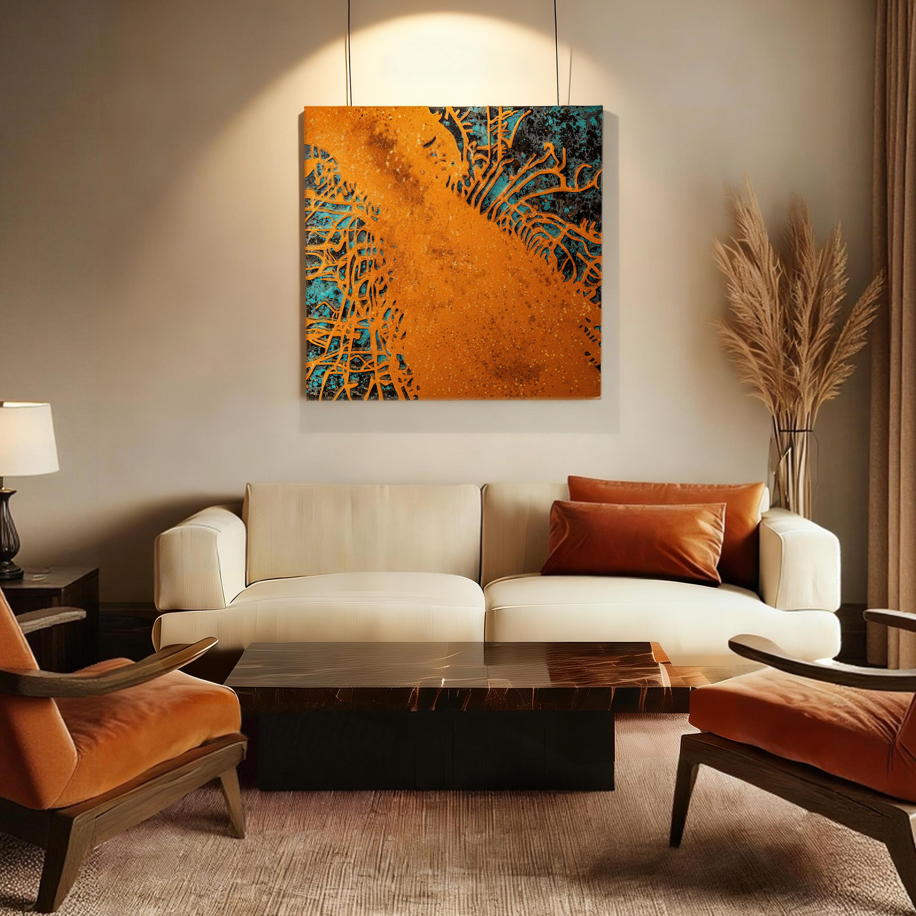 Blossoming Flame — lifestyle scene of handcrafted art in a refined interior, channeling fire element passion through its dimensional gilded texture and luminous tonal depth.