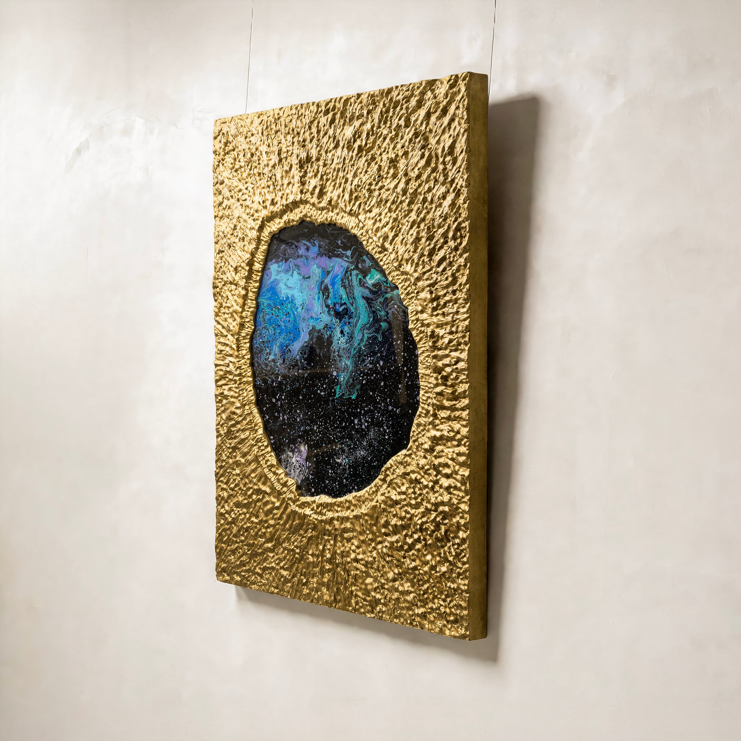 Cosmic Nebula — macro surface detail capturing the luminous interplay of light across the textured metal element finish, evoking the infinite depth of a cosmic nebula.