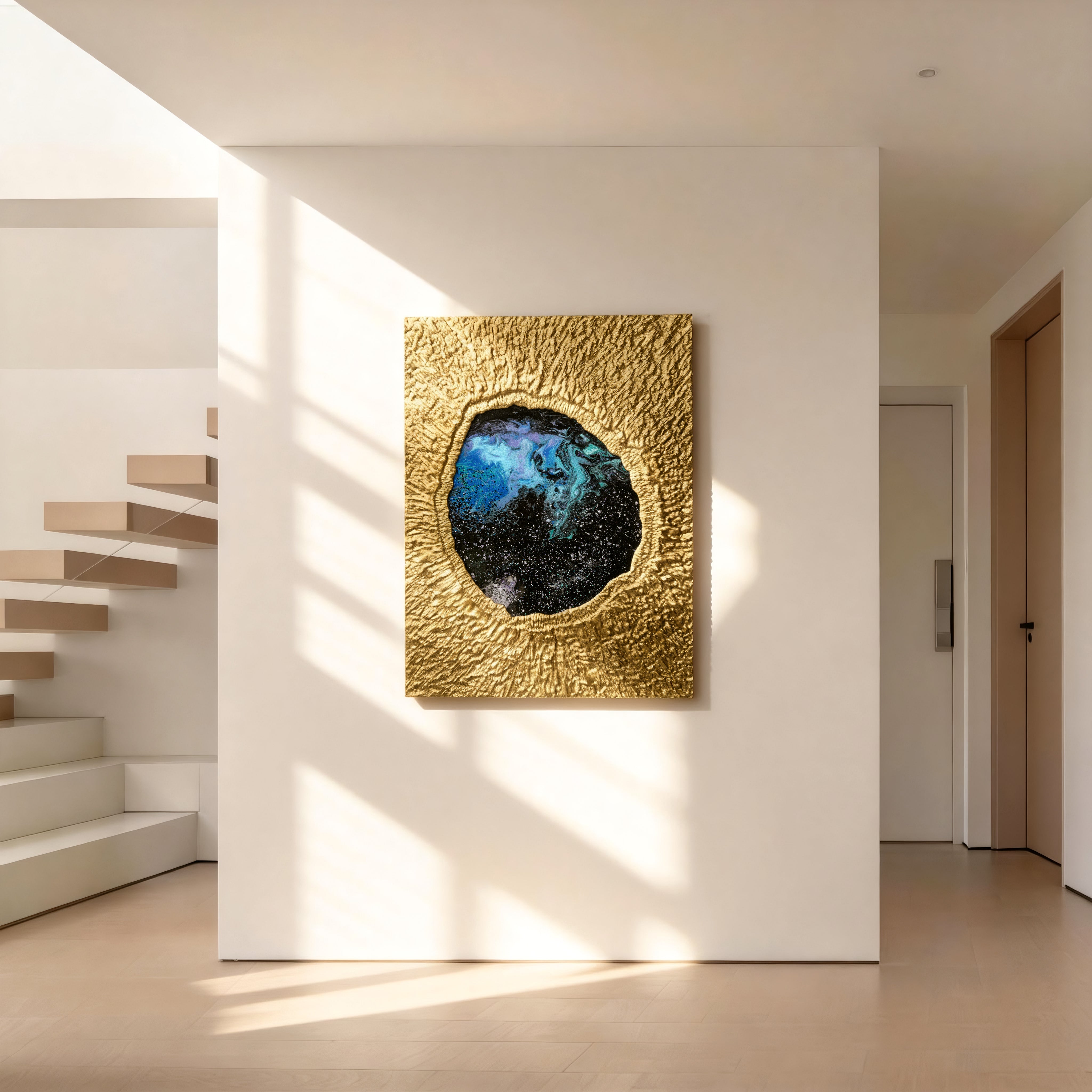 Cosmic Nebula — lifestyle scene of handcrafted art displayed in a refined interior, channeling metal element energy through its dimensional texture and luminous nebula-inspired tonal finish.