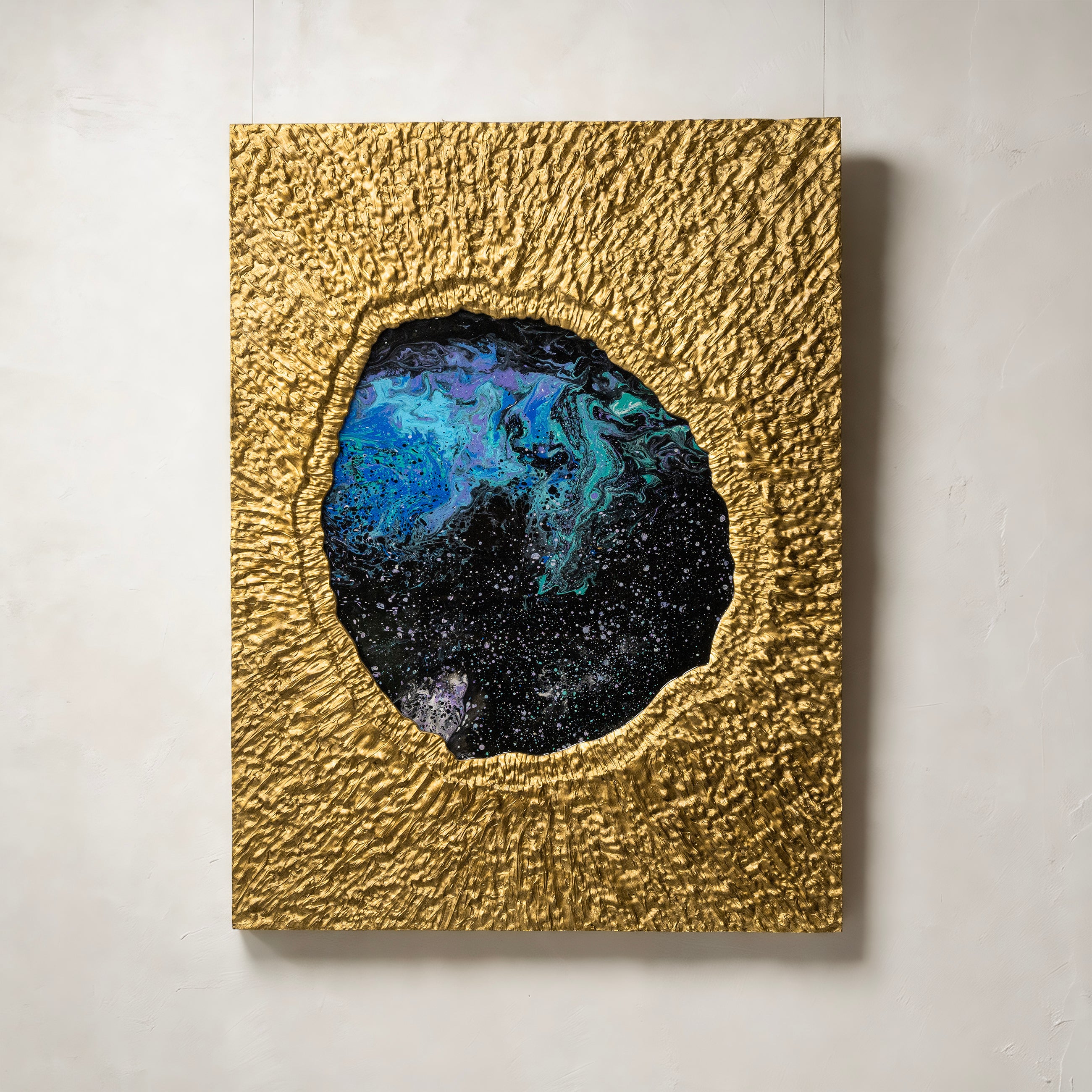 Cosmic Nebula — full view of handcrafted 3D wall art embodying metal element precision, with a richly textured surface that evokes the swirling depth of a cosmic nebula across the entire composition.