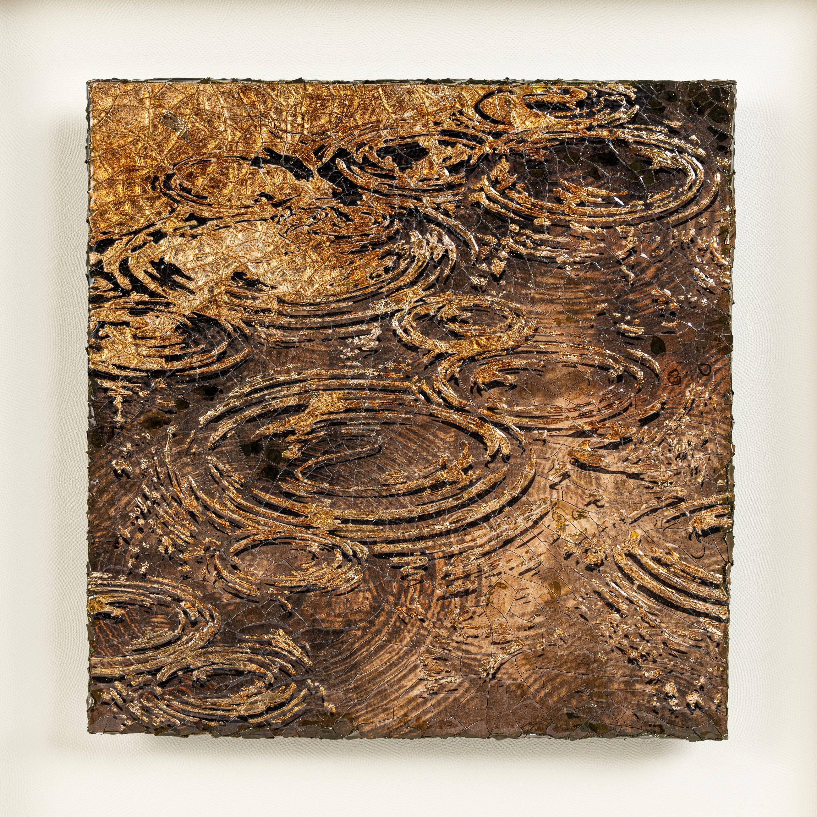 Unframed canvas of Harvest Tide — Patinated Foil · Aura Frame, showing the full water element mineral surface with its interleaved crackle ground and ripple relief, overlaid with graduated fired foil produced through sixteen stages of high-temperature oxidation.