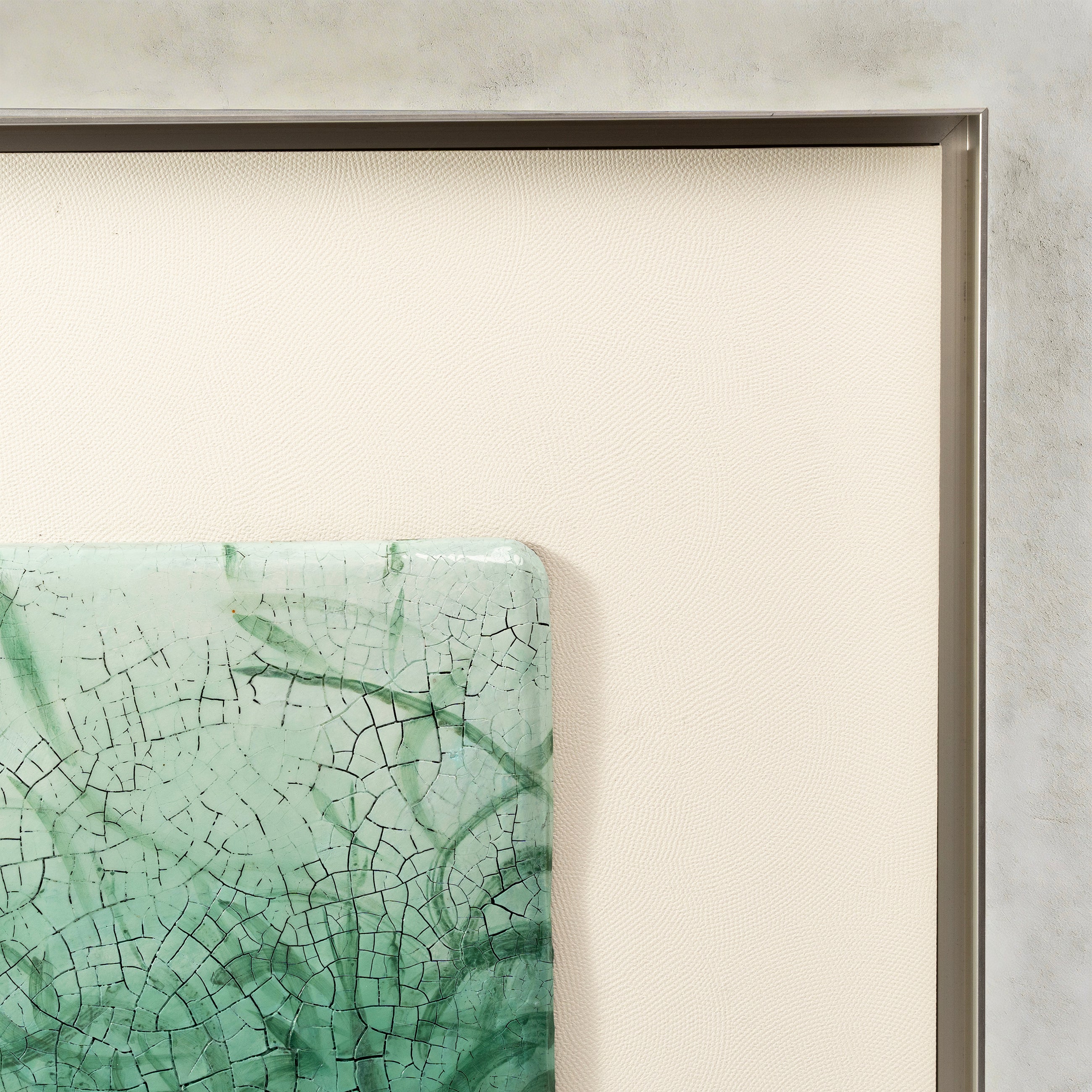 Quarter-corner detail of Jade Meridian wall art showcasing the intricate wood element mineral texture and organic jade-toned surface craftsmanship up close.