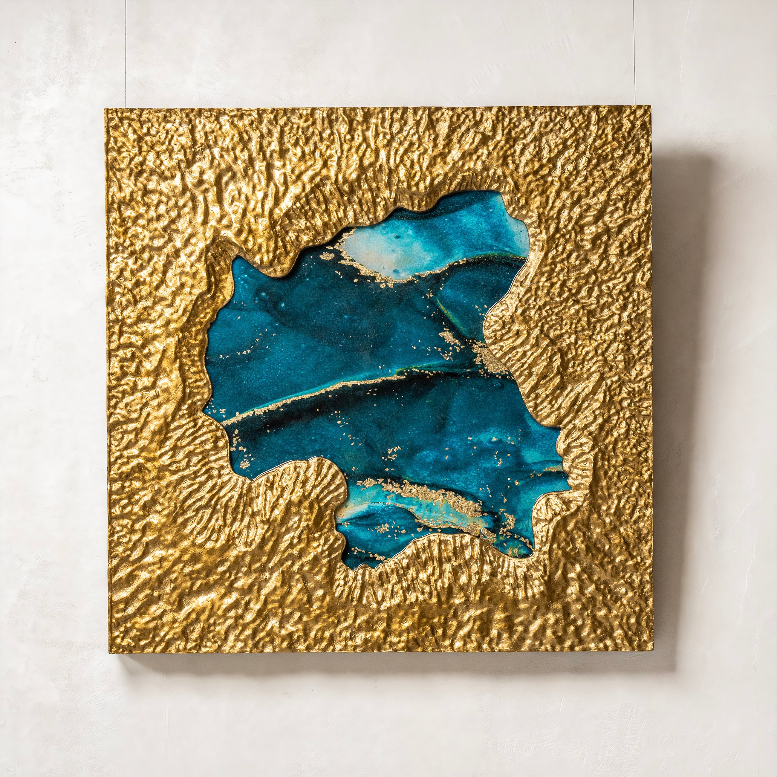 Mirror of Universe-blue — full view of handcrafted 3D wall art embodying metal element clarity, with a luminous blue-toned textured surface that reflects cosmic depth across the entire composition.