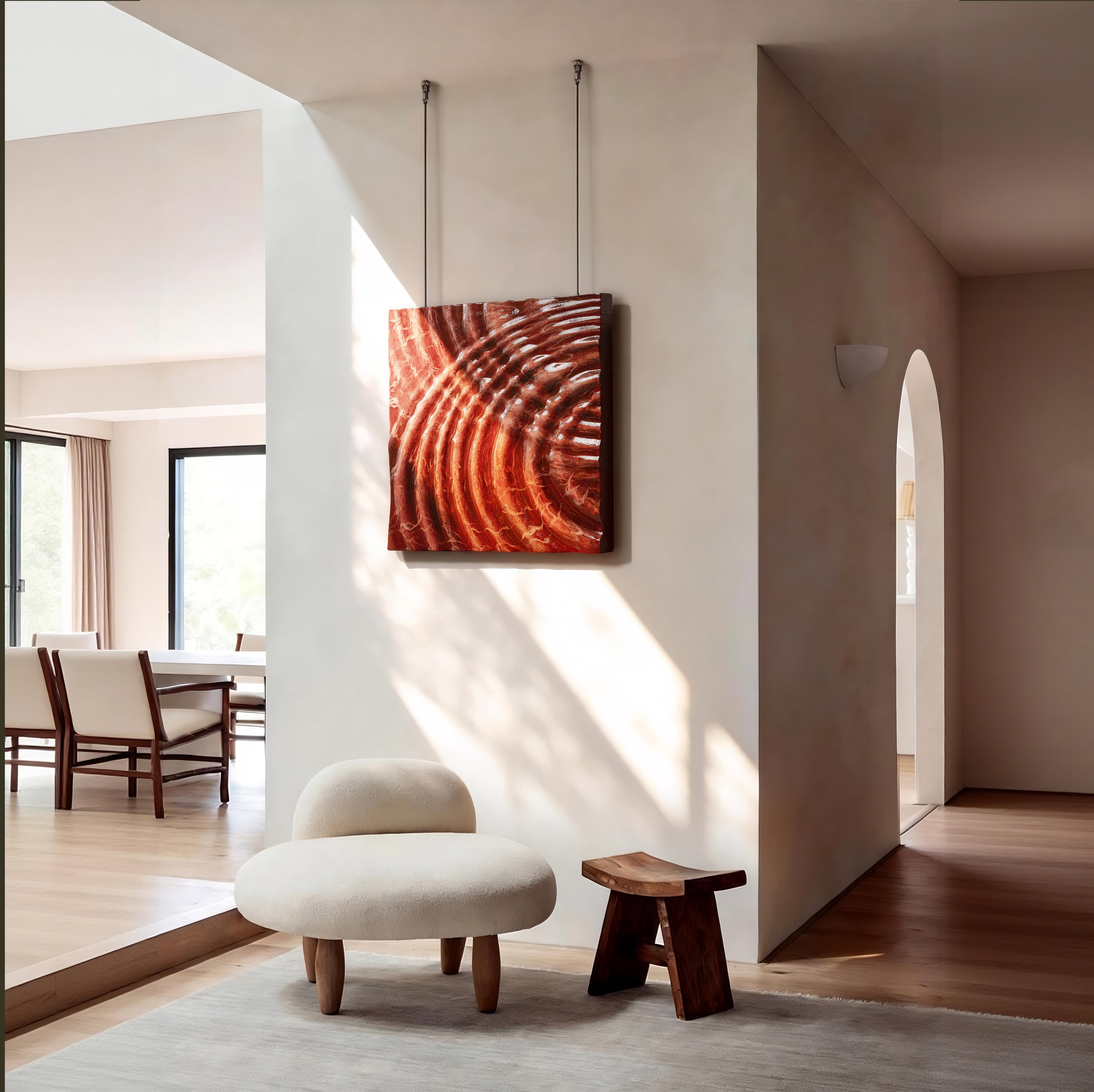 Ripples Texture Handcrafted Solid Art styled in an interior setting, its water element-inspired ripple texture and warm brown tonal palette bringing organic rhythm and dynamic vitality to the wall."