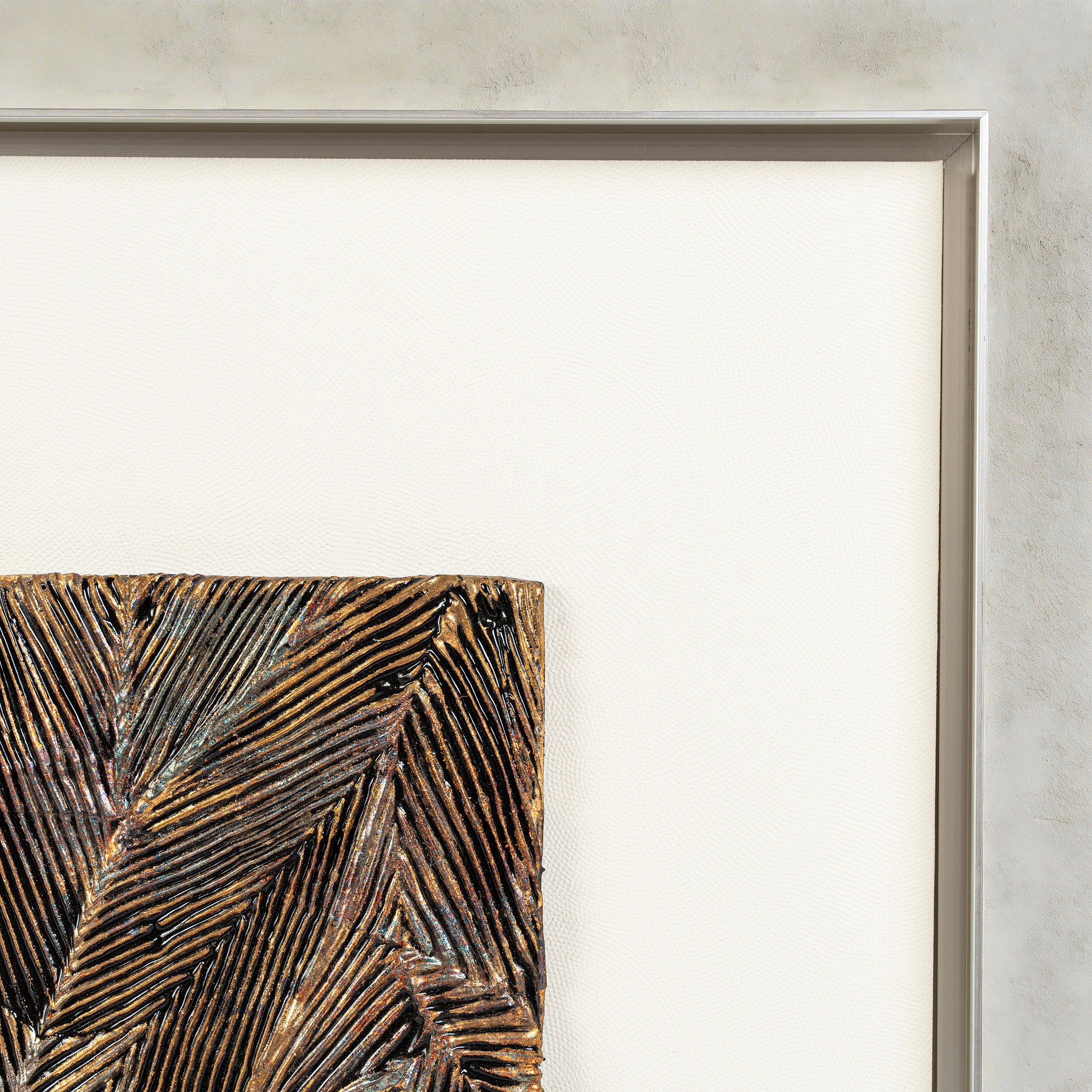 Corner detail of Striae — Patinated Foil · Aura Frame, showing the parallel linear striations of heat-oxidized fired foil laid across the metal element crackle mineral terrain — sixteen stages of high-temperature firing producing tonal variation through combustion rather than pigment.