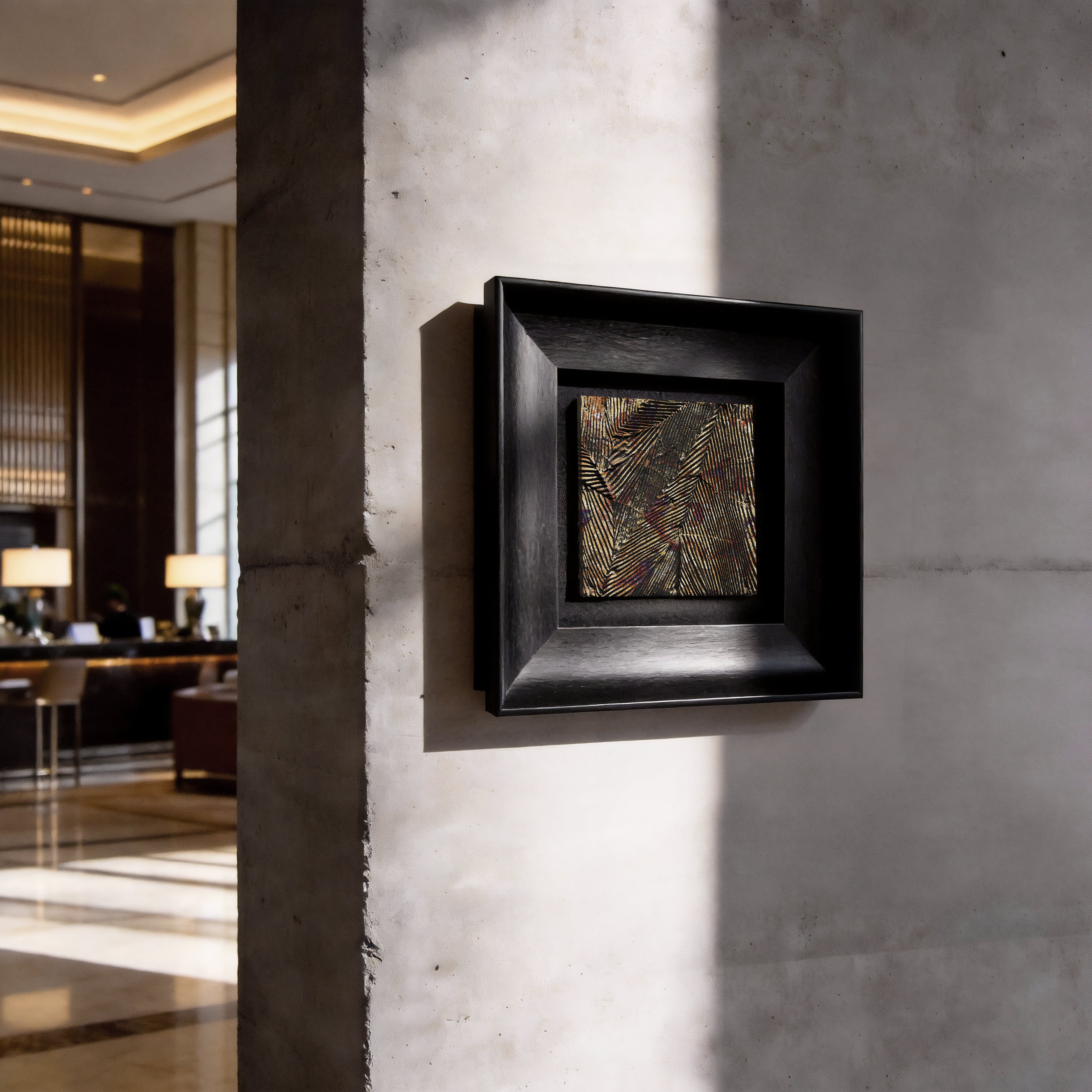 Striae — Patinated Foil · Aura Frame displayed in an interior setting, its metal element energy and richly mottled mineral texture — parallel foil striations catching light across cracked earth terrain — bringing the raw luster of directional ore veins to the wall.