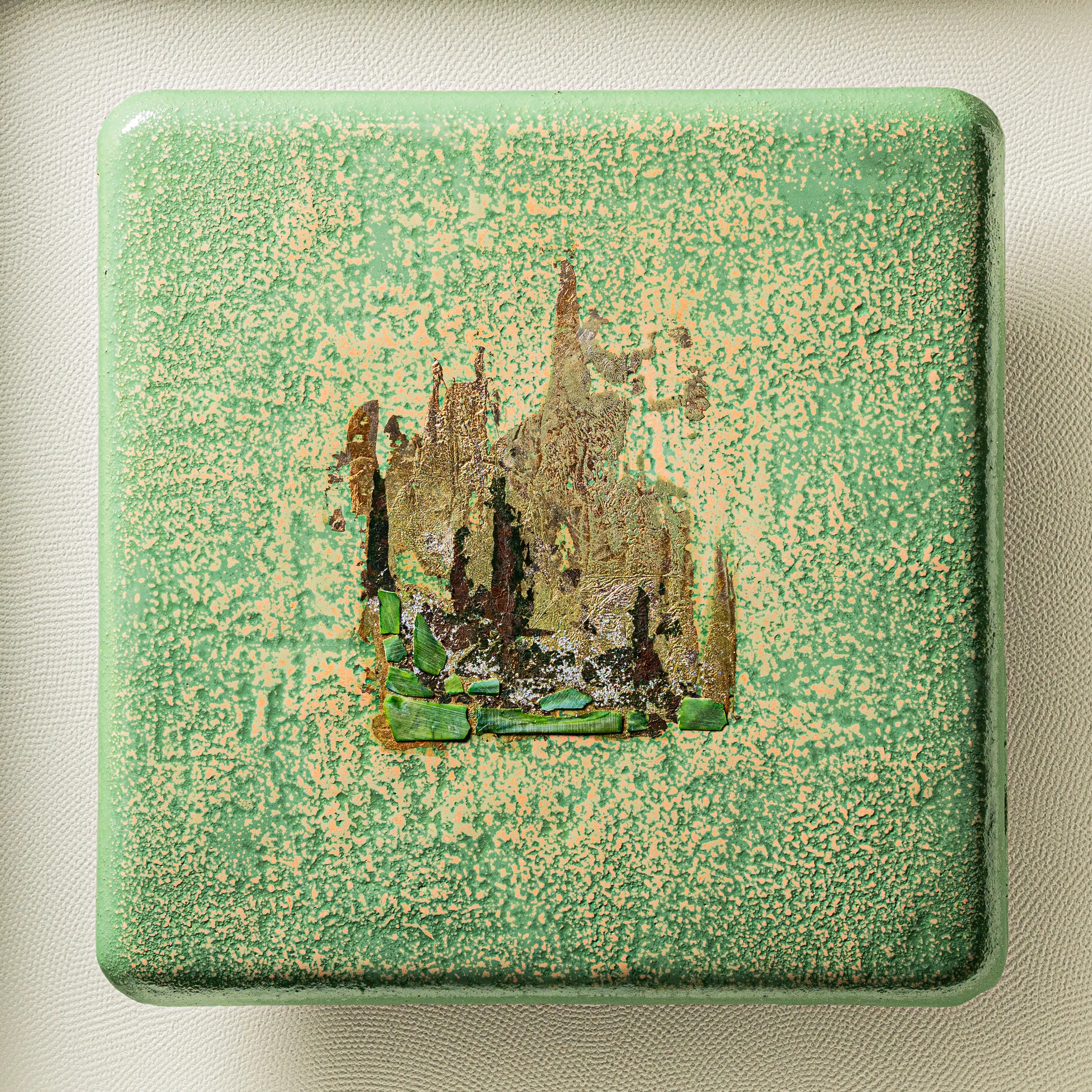 Unframed canvas of Windward — Patinated Foil · Aura Frame, revealing the full wood element lacquer surface built from natural tree lacquer, fired copper, and abalone shell across a richly hand-layered mineral texture.