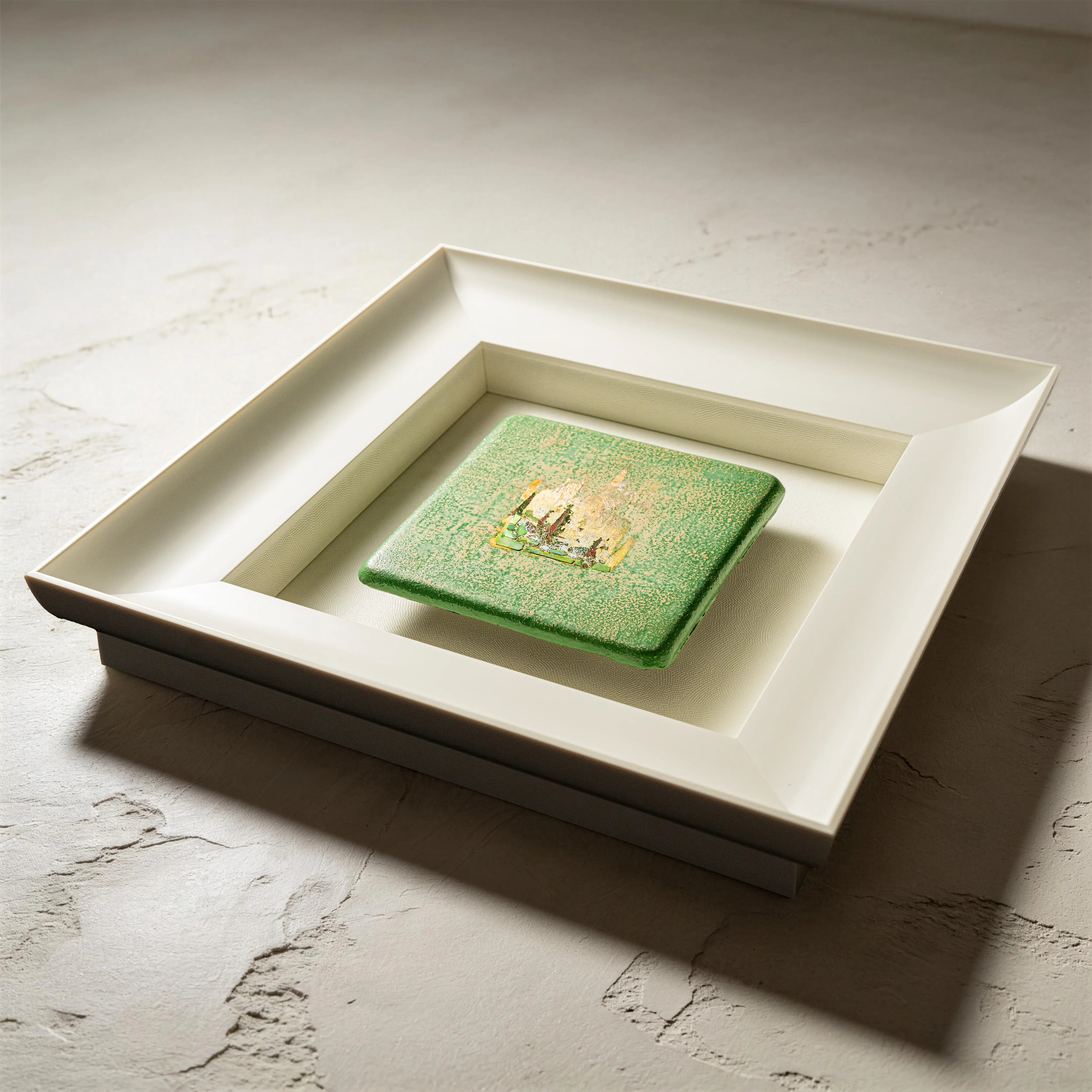 Flat-lay overhead view of Windward — Patinated Foil · Aura Frame, capturing the full expanse of its 3D lacquer texture — hand-hammered silver leaf at center, fired copper, and abalone shell radiating outward across the warm, wood element-inspired surface.